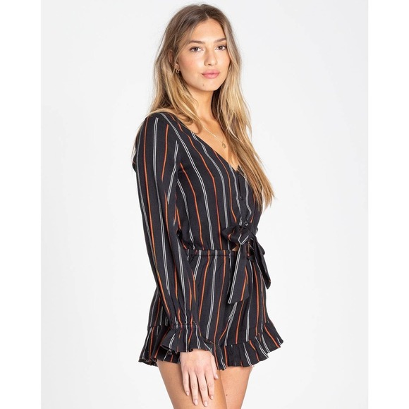 Billabong Romper Large Black Striped Play All Day V-Neck Long Sleeve - Picture 15 of 15